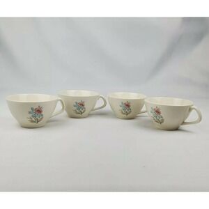 4 Steubenville Pottery Co Fairlane Teacup Set Blue Pink Floral‎ 50s-60s MCM USA